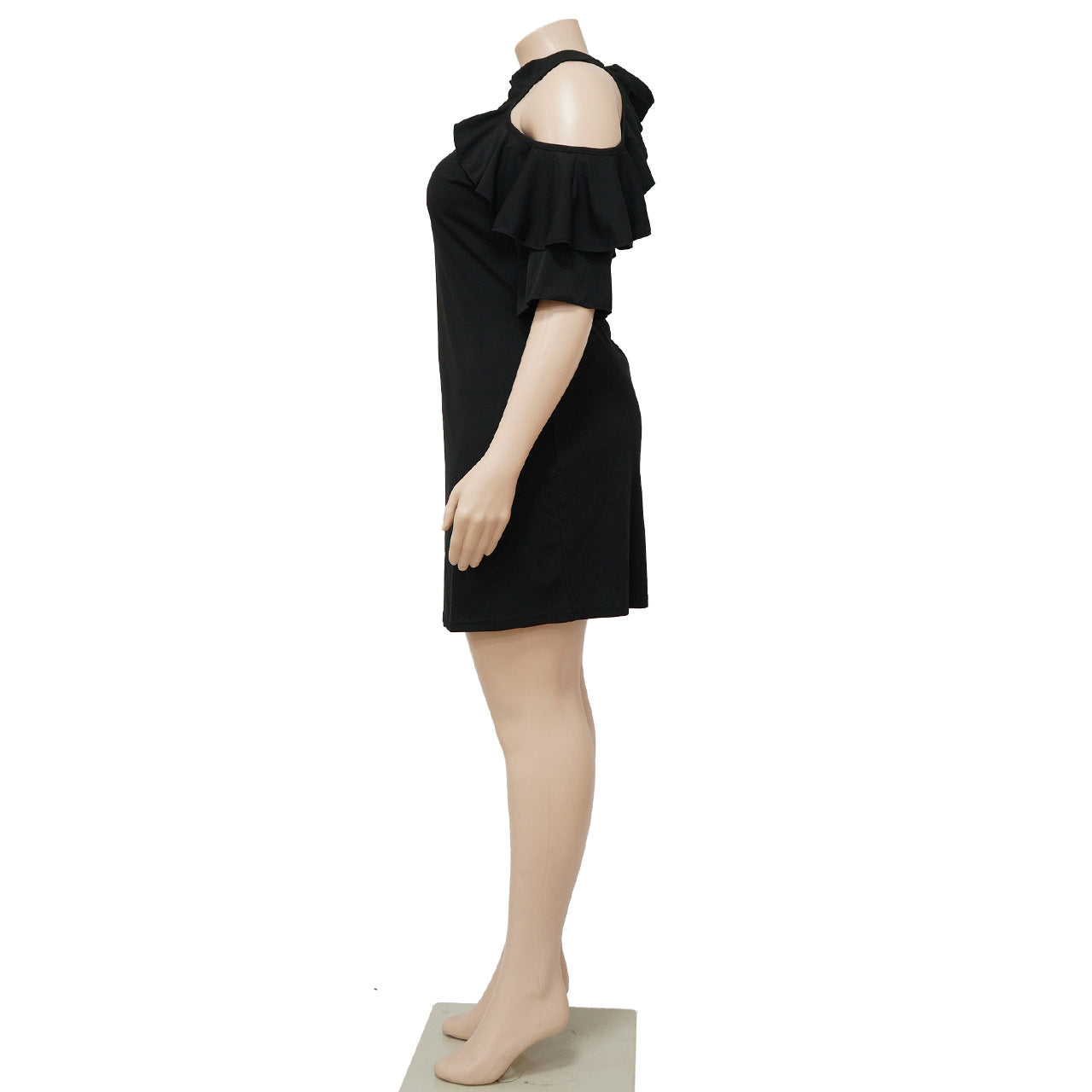 Sexy Plus Size Solid Ruffled Cold Shoulder Mini Dress