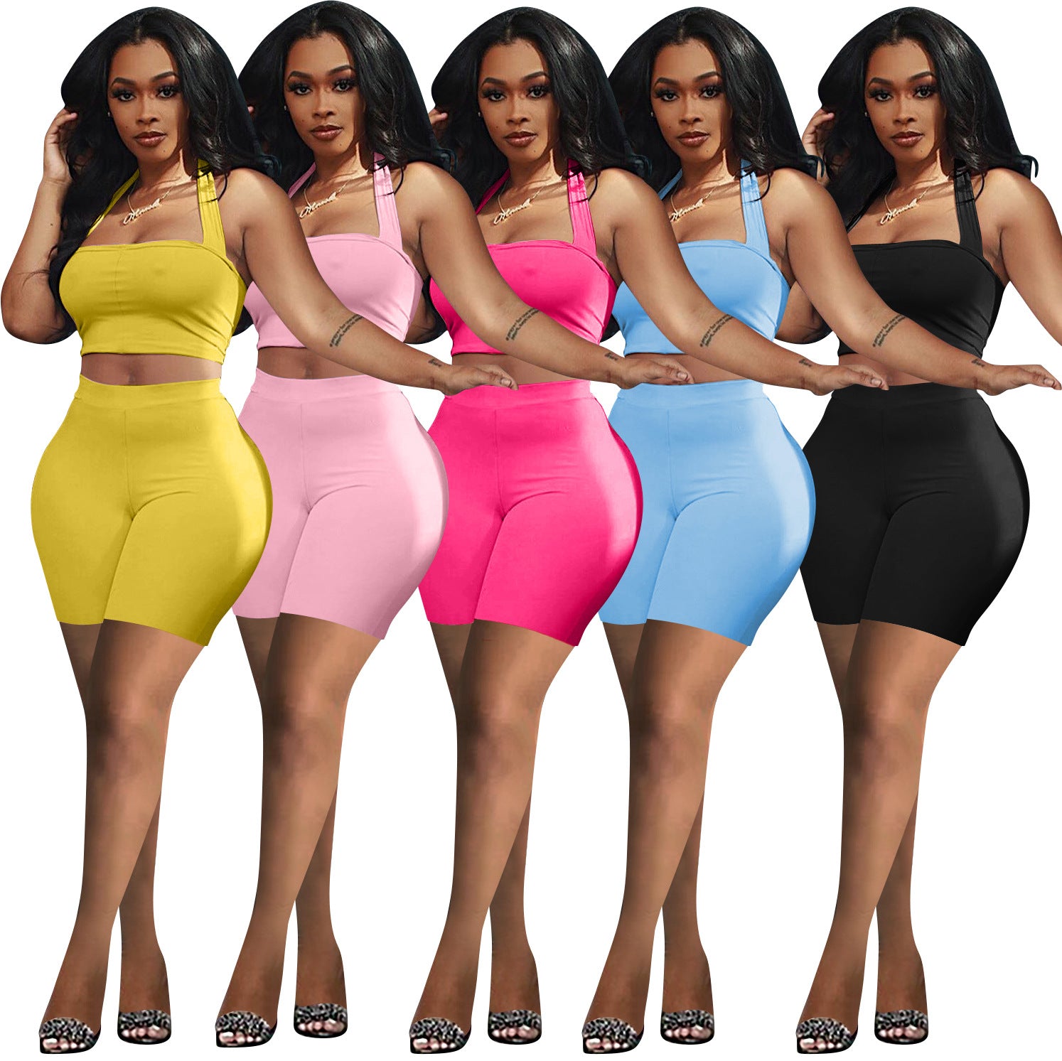 Sexy Solid Halter Backless Two Piece Shorts Set