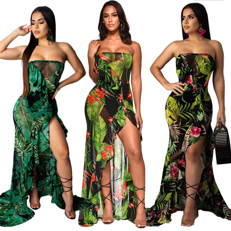 Sexy Tube Top Ruffle Sexy Print Beach Maxi Dress
