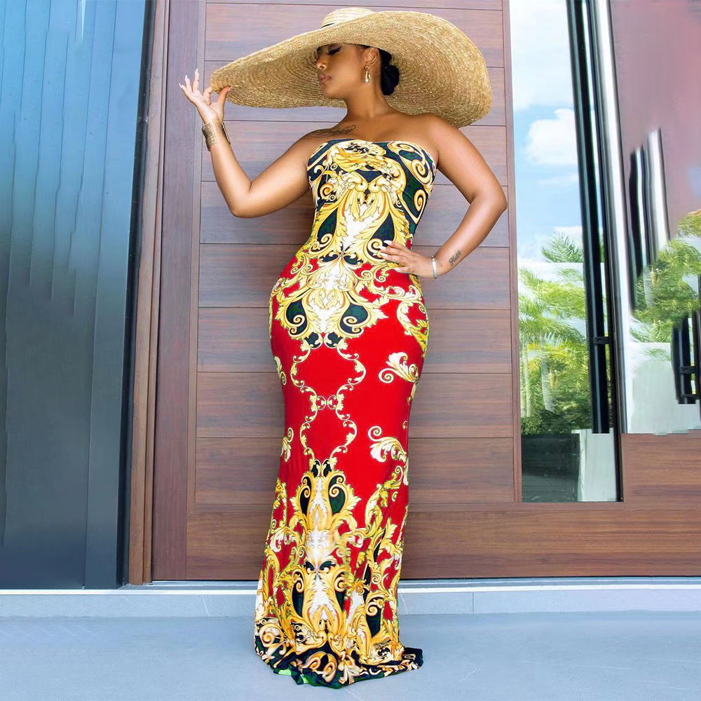 Sexy Plus Size Retro Print Strapless  Maxi Dress