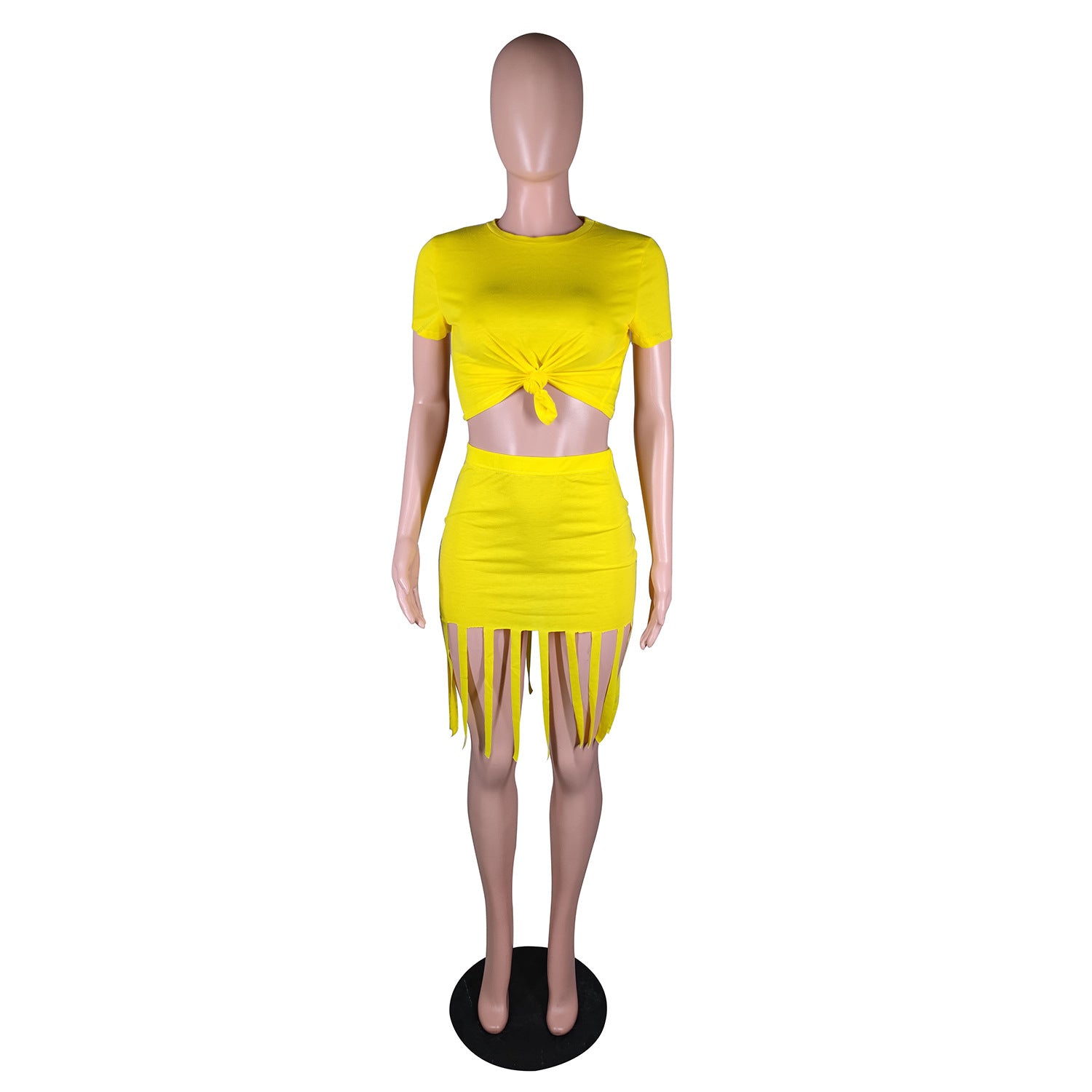Sexy Solid Short Sleeve Tassel Skirt Two Piece Sets