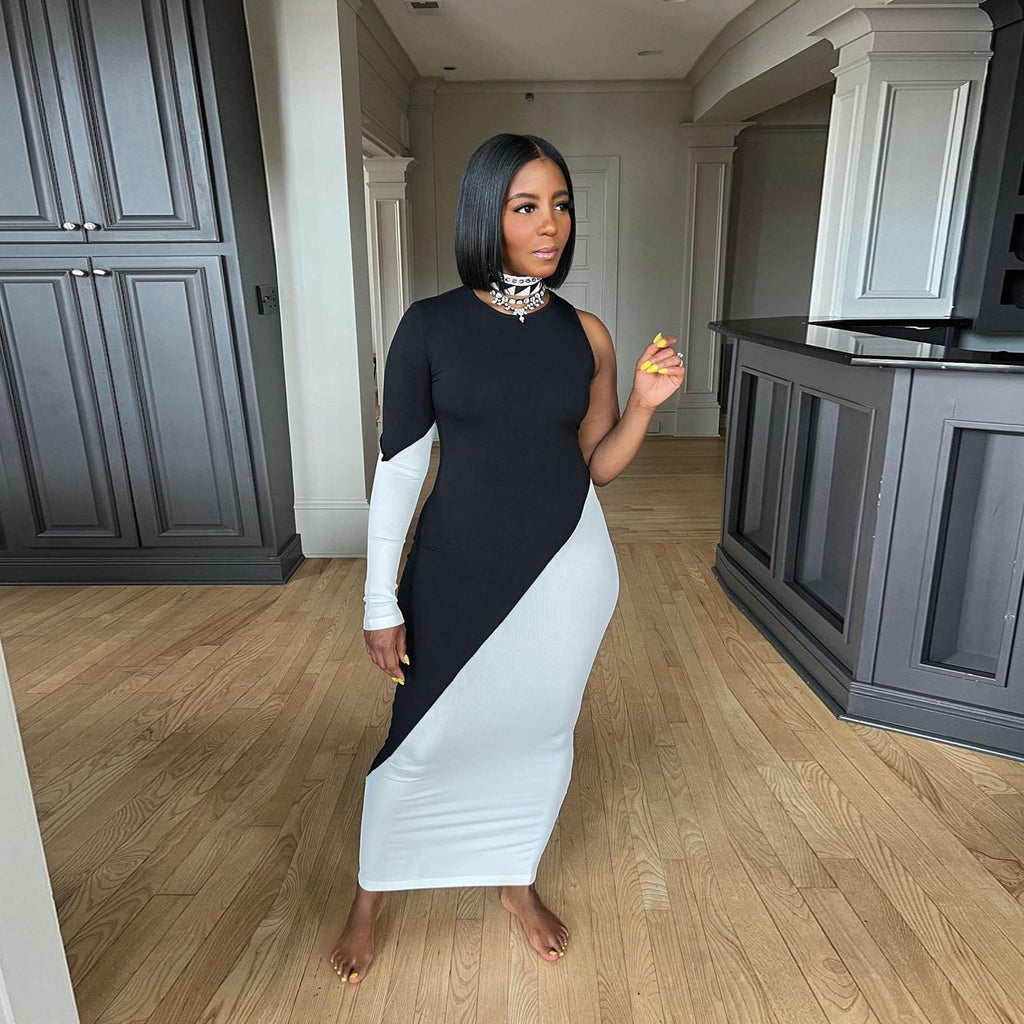 Sexy Contrast Color Patchwork One Shoulder Maxi Dress