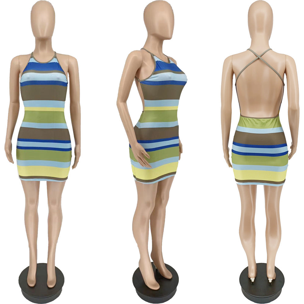 Sexy Colorful Striped Backless Cross Strap Mini Dress