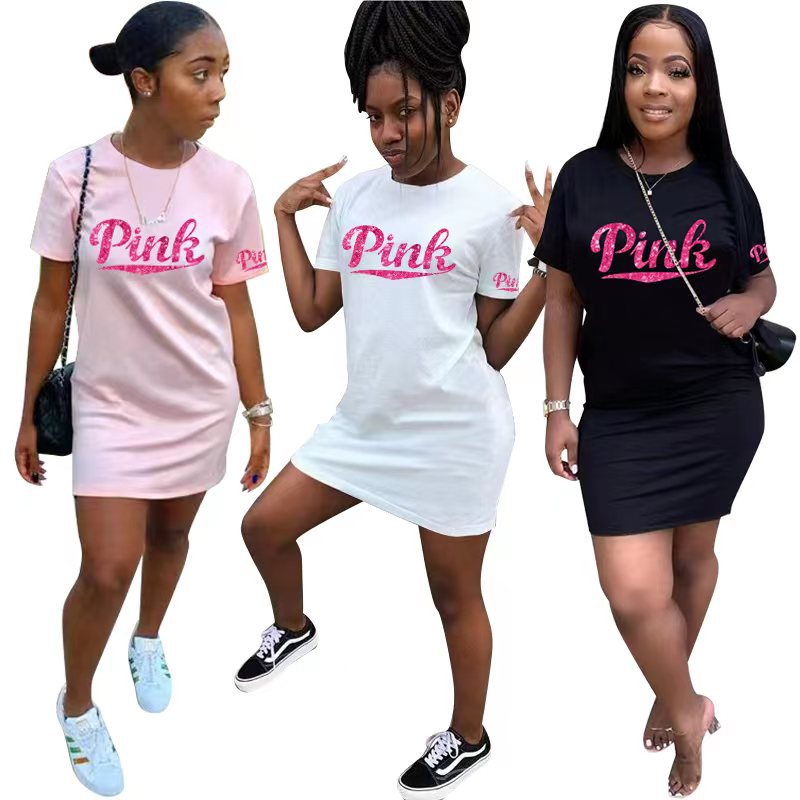 Sexy Sequin Pink Letter Print Short Sleeve Mini Dress