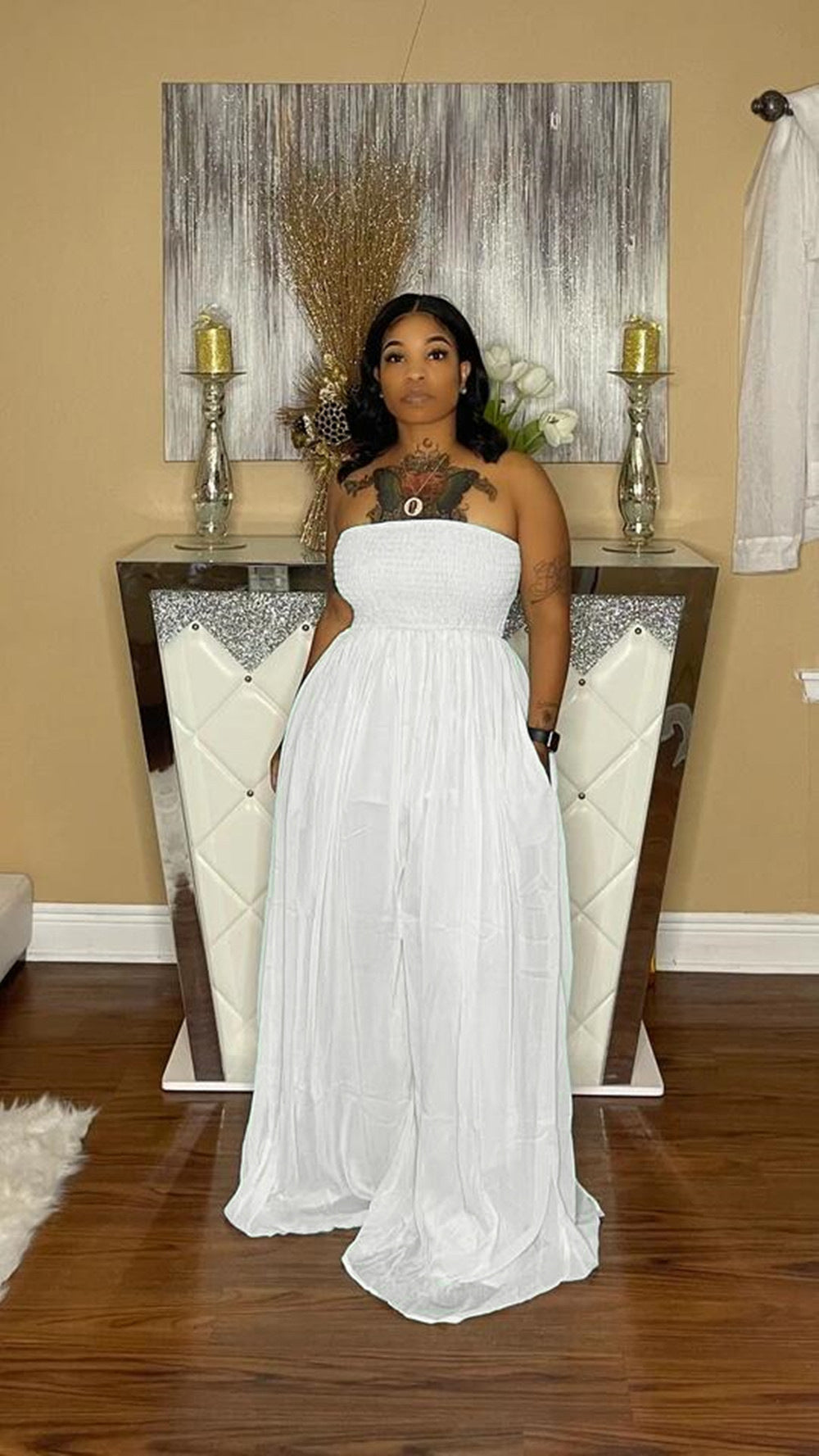 Sexy Plus Size Solid Off Shoulder Strapless Wide Leg Jumpsuit