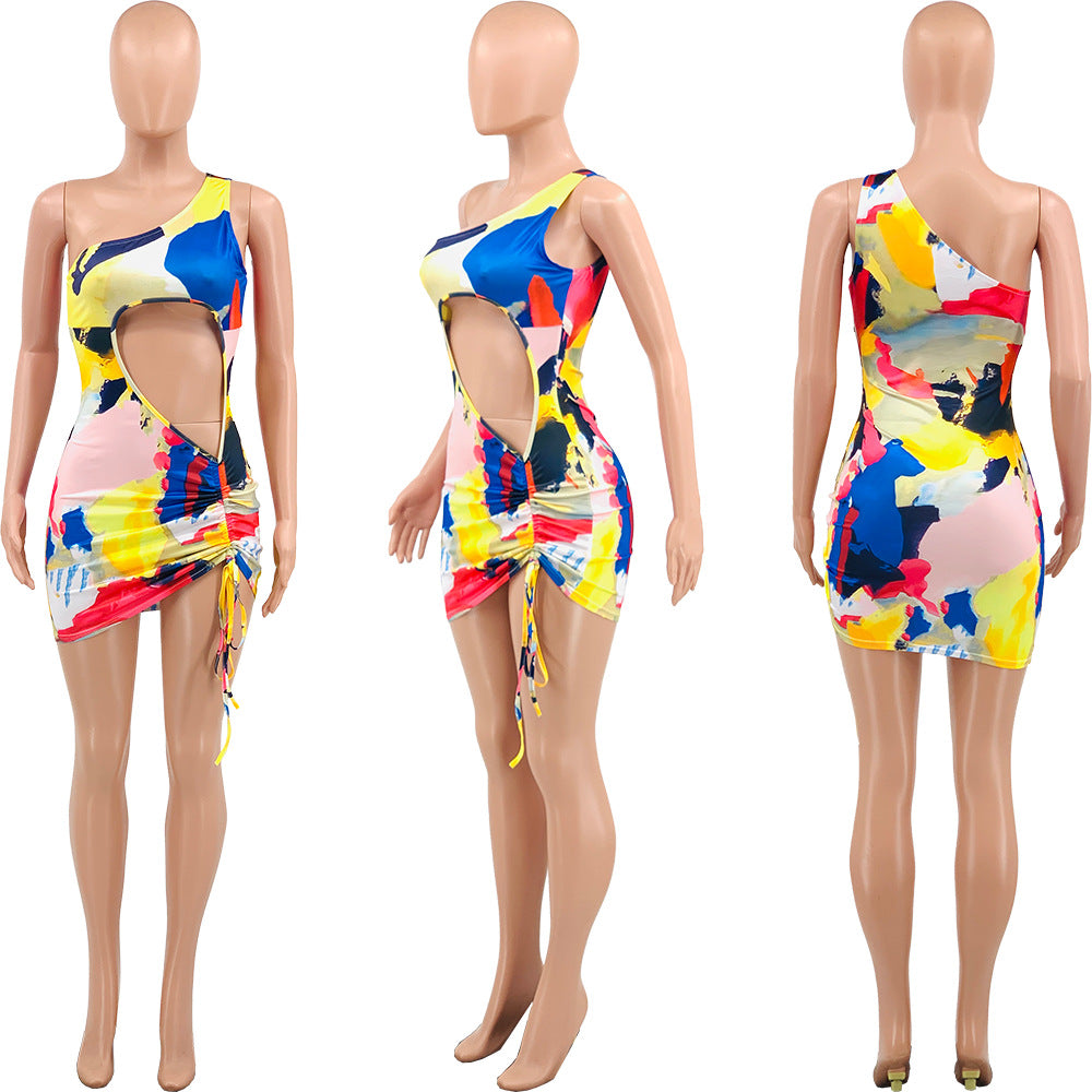 Sexy Sexy Printed One Shoulder Drawstring Hollow Mini Dress