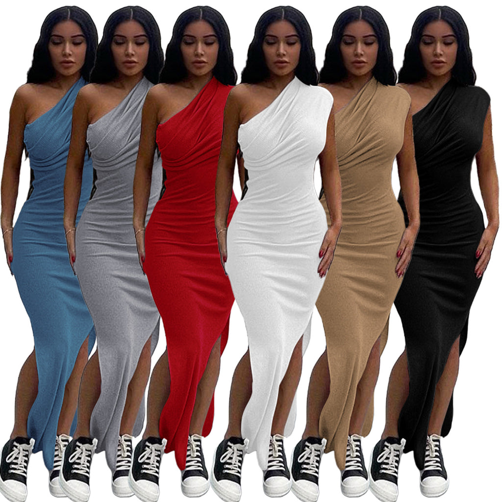 Sexy Solid Ribbed One Shoulder Split Maxi Dress