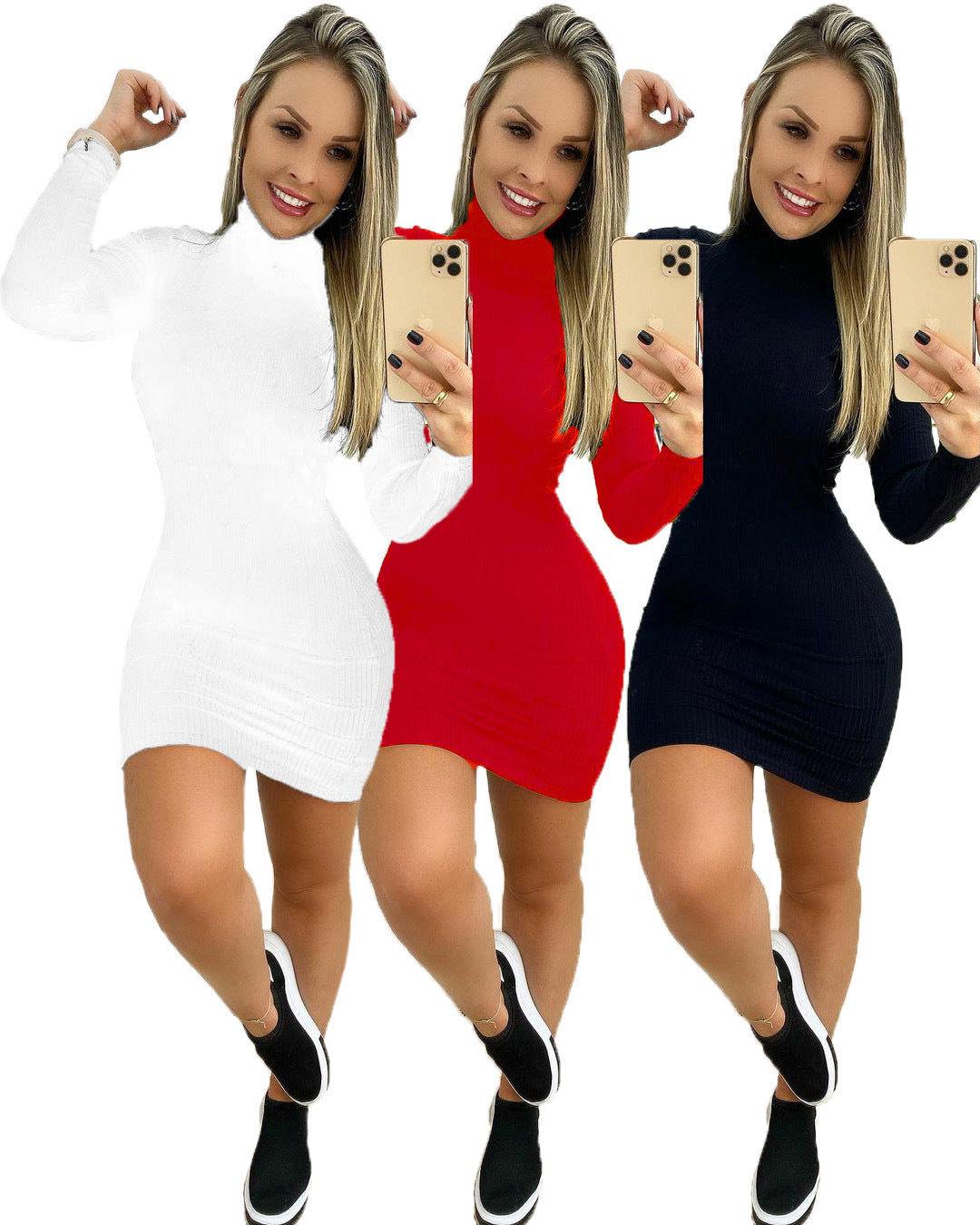 Sexy Solid Backless Long Sleeve Slim Mini Dress