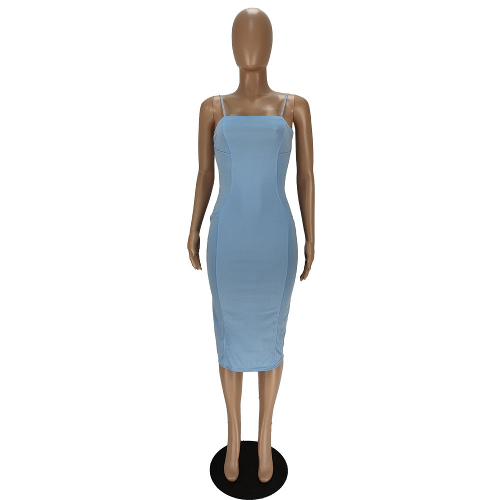 Sexy Solid Spaghetti Strap Slim Midi Dress