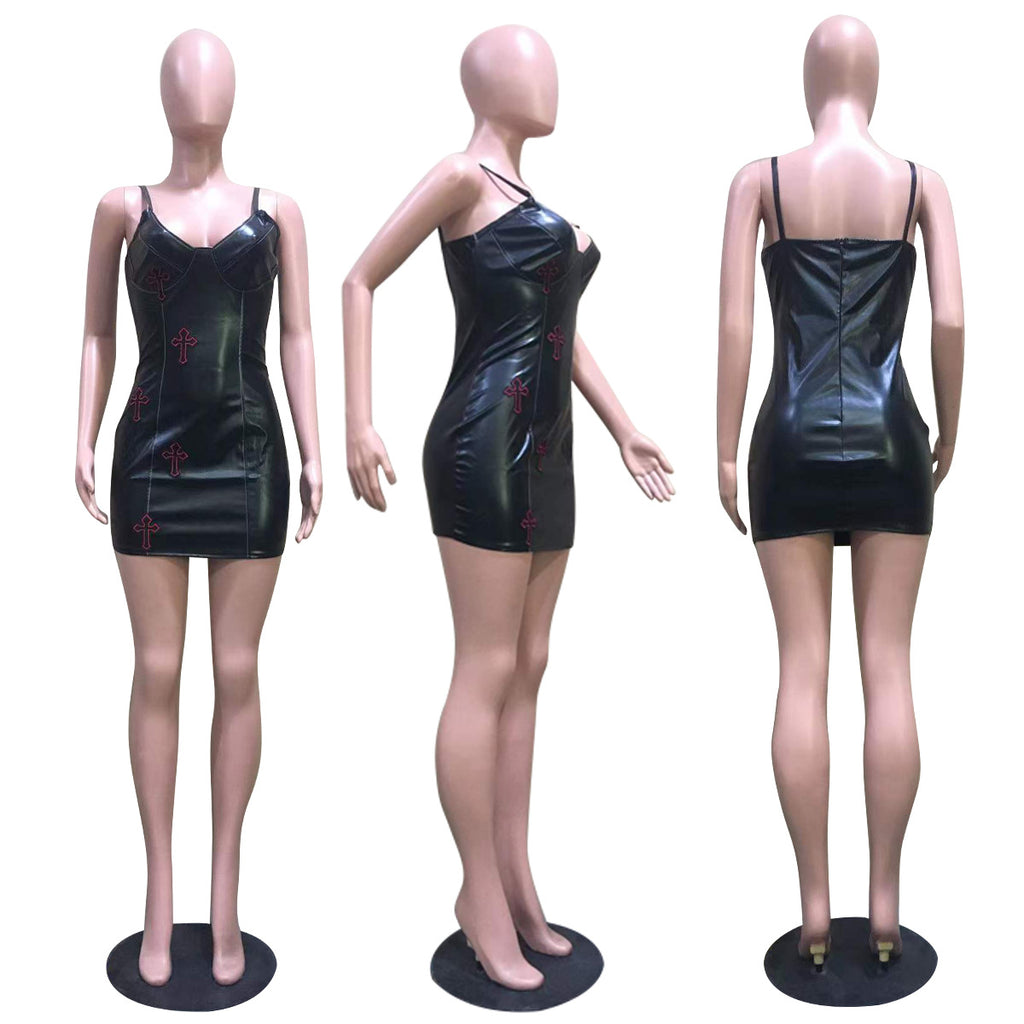 Sexy PU Leather Night Club Sling Mini Dress