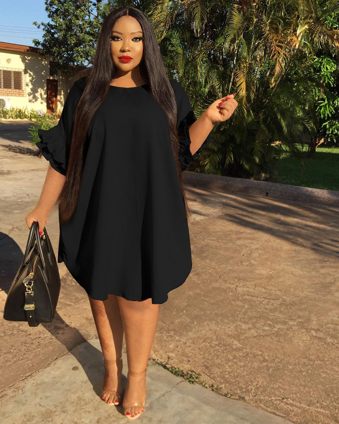 Sexy Plus Size Solid Ruffled Sleeve Loose Dress
