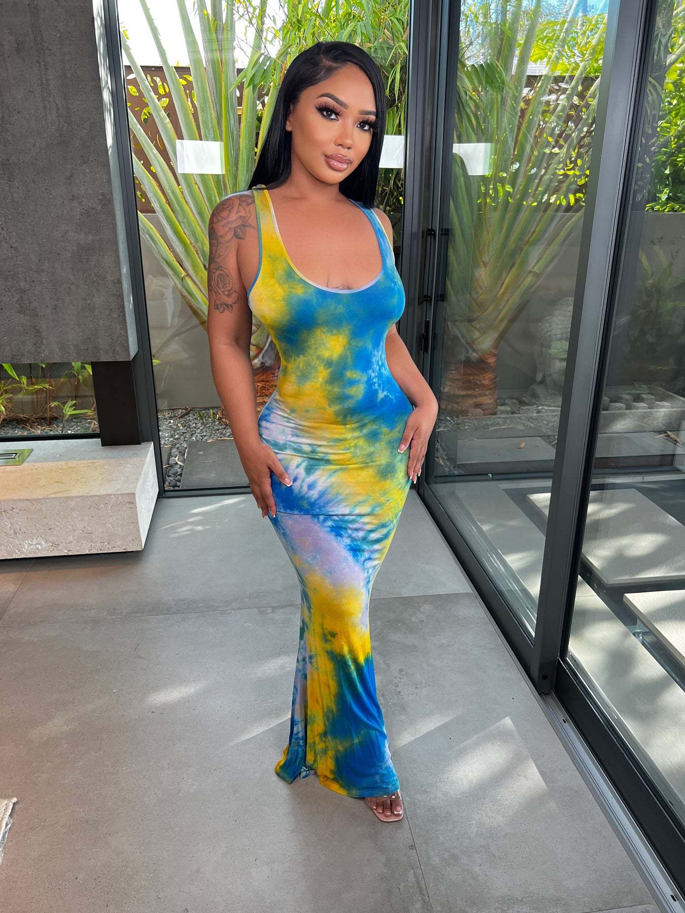 Sexy Tie Dye Print Sleeveless Open-Back Cross Strap Maxi Dress