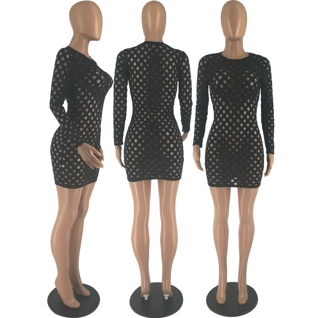 Sexy Sexy Hole Hollow Long Sleeve Slim Mini Dress