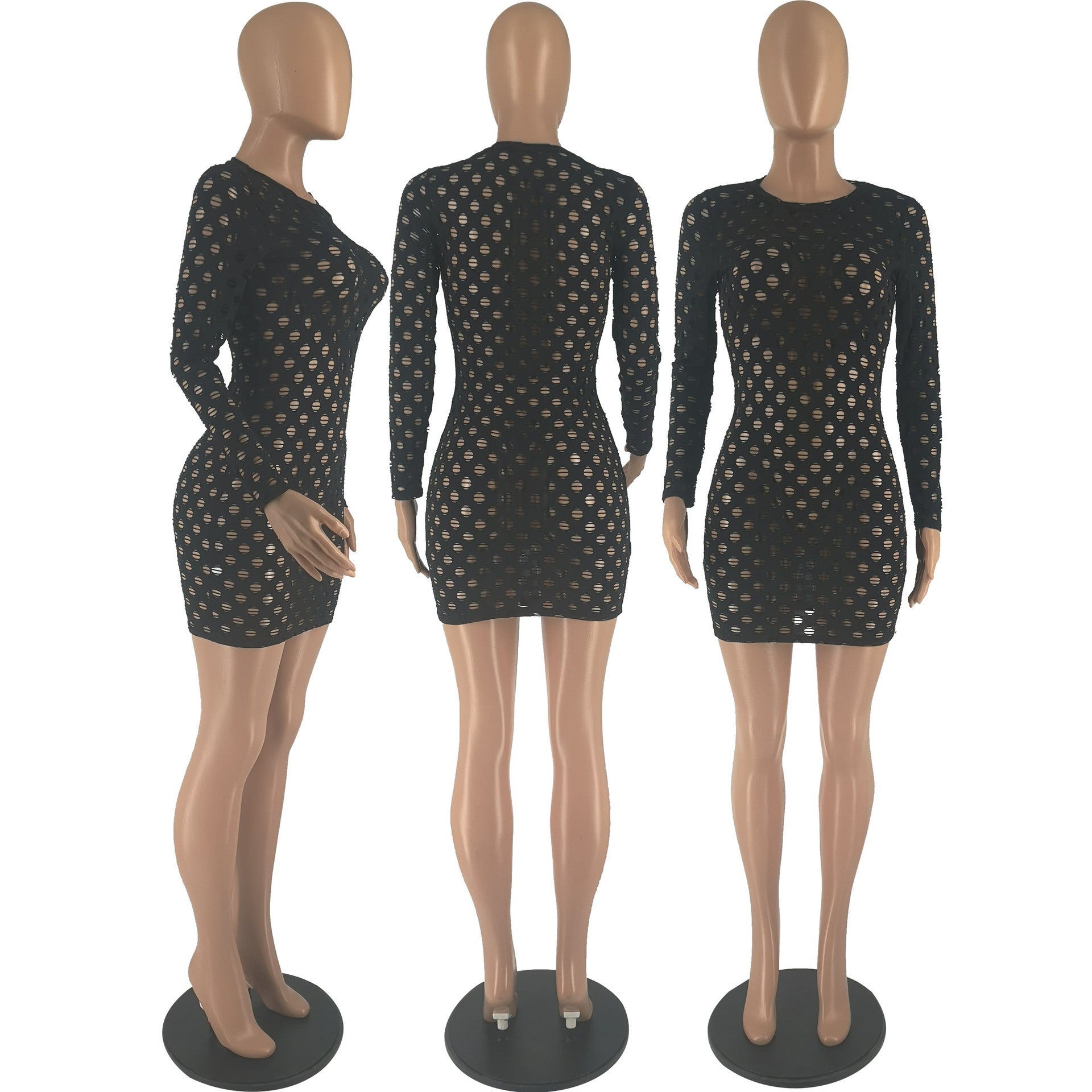Sexy Sexy Hole Hollow Long Sleeve Slim Mini Dress