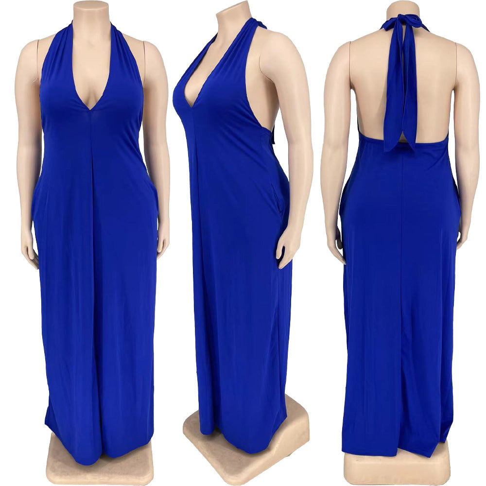 Sexy Plus Size Solid V Neck Halter Maxi Dress