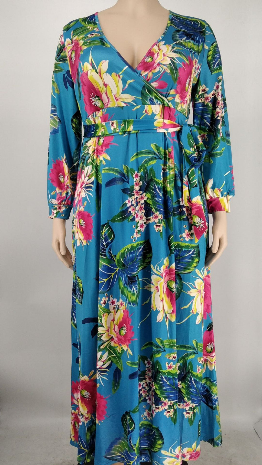 Sexy Plus Size Floral Print Long Sleeve V Neck Maxi Dress