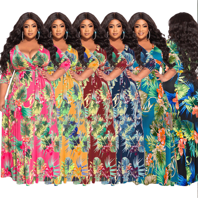 Sexy Plus Size Floral Print Sashes Maxi Dress