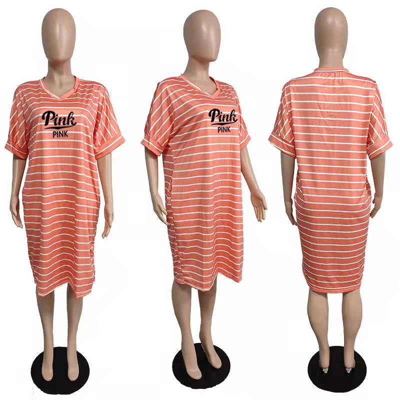 Sexy Plus Size Striped PINK Letter Print Short Sleeve Midi Dress