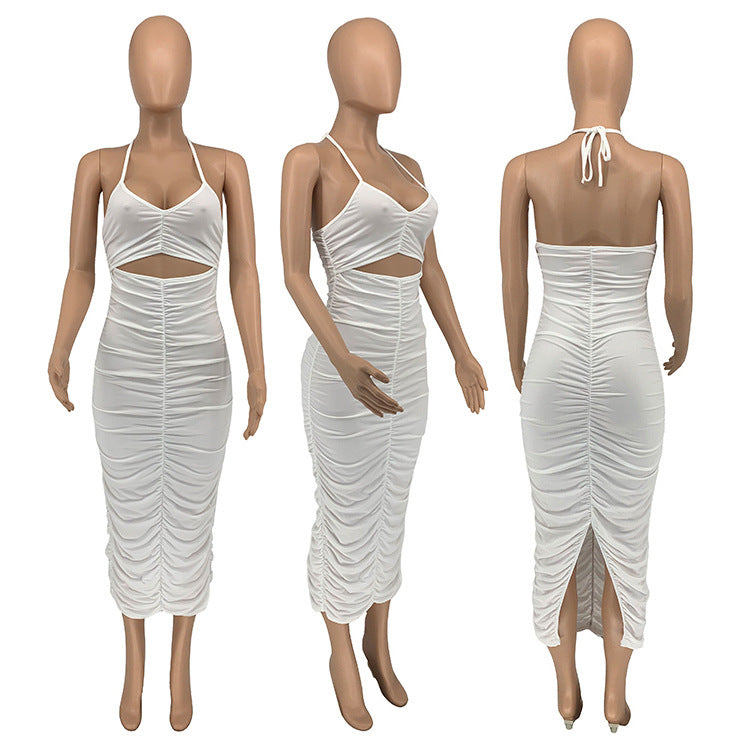 Sexy Solid Sexy Ruched Halter Backless Split Dress