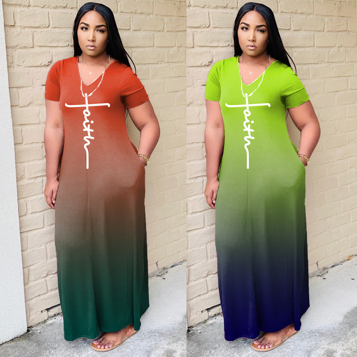 Sexy Gradient Letter Print Short Sleeve Maxi Dress