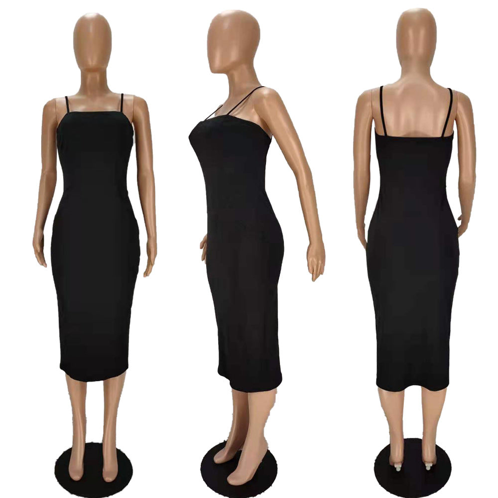 Sexy Solid Spaghetti Strap Slim Midi Dress