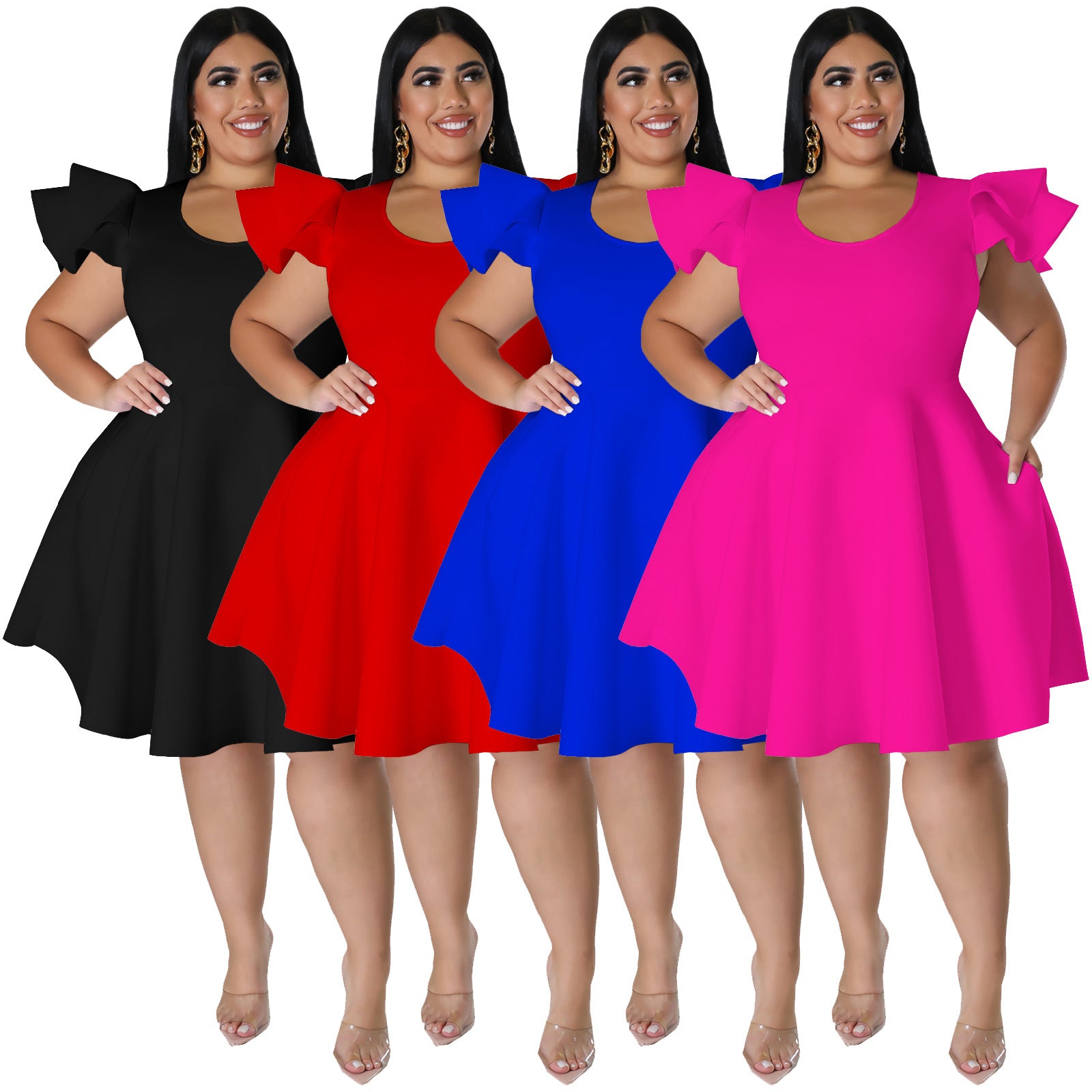 Sexy Plus Size Solid Ruffled High Waist Midi Dress