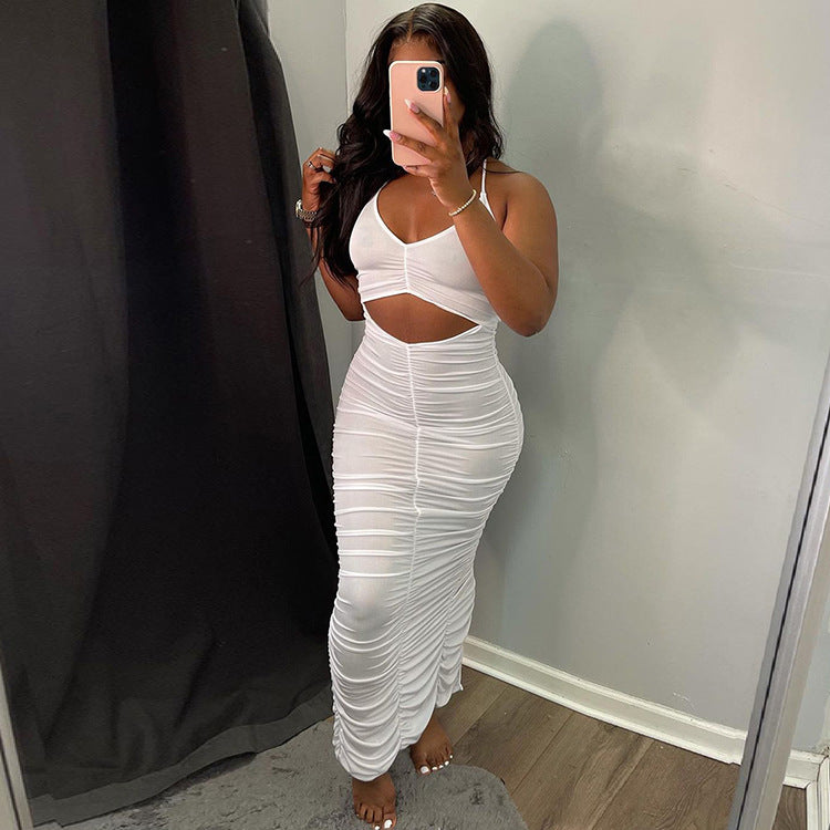 Sexy Solid Sexy Ruched Halter Backless Split Dress