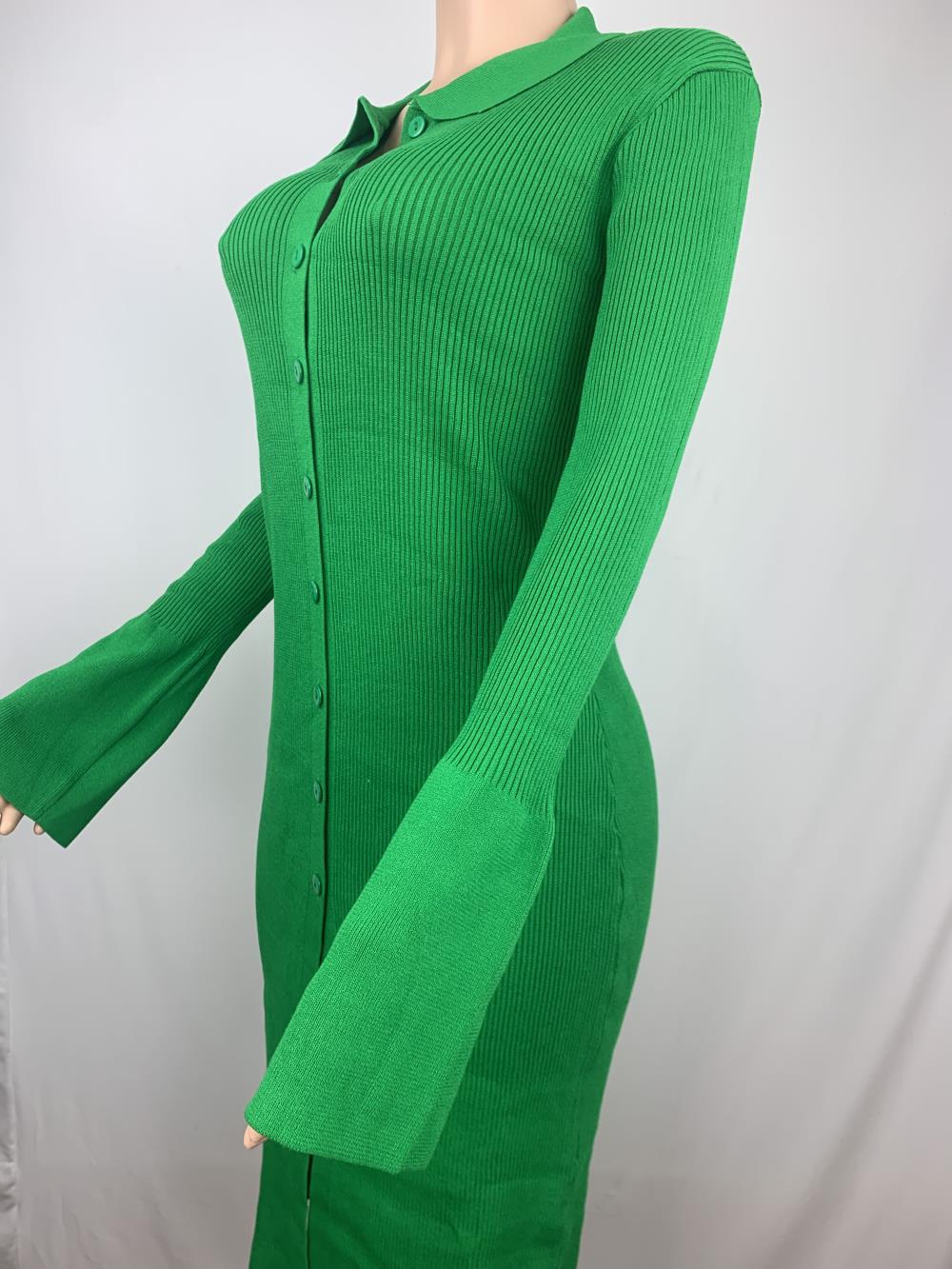 Sexy Solid Knit Long Sleeve Button Slim Maxi Dress