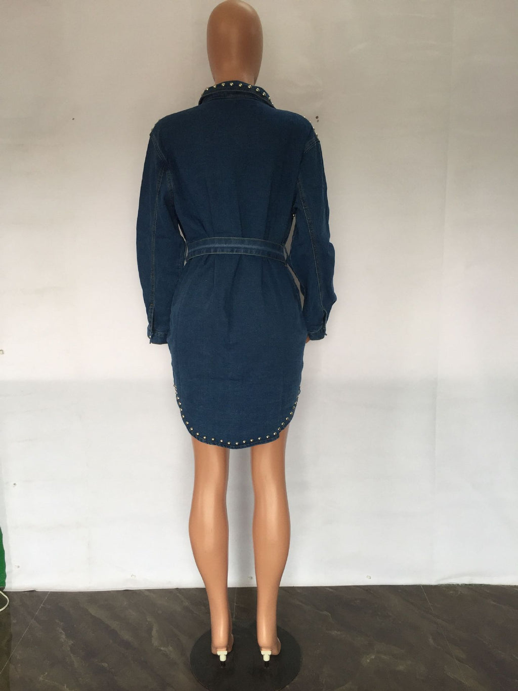 Sexy Denim Rivet Long Sleeve Belted Mini Dress