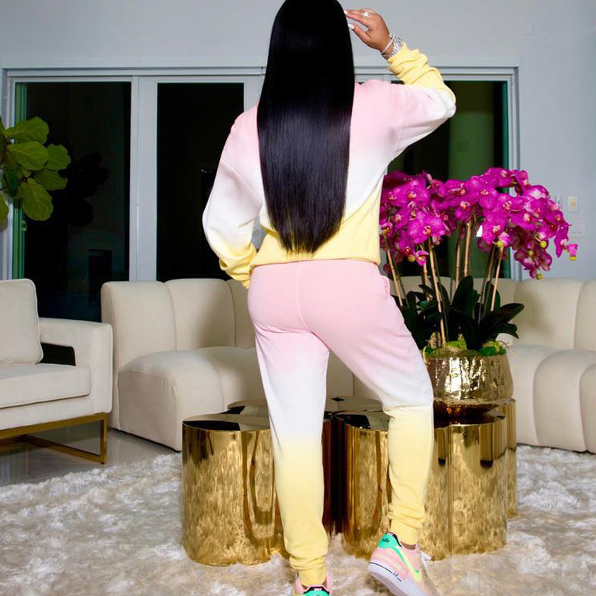 Sexy Gradient Casual Hooded Sweatshirt Two Piece Set