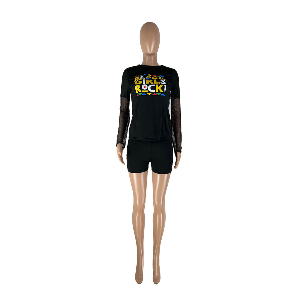 Sexy Mesh Sleeve Patchwork Print T Shirt Two Piece Short Set