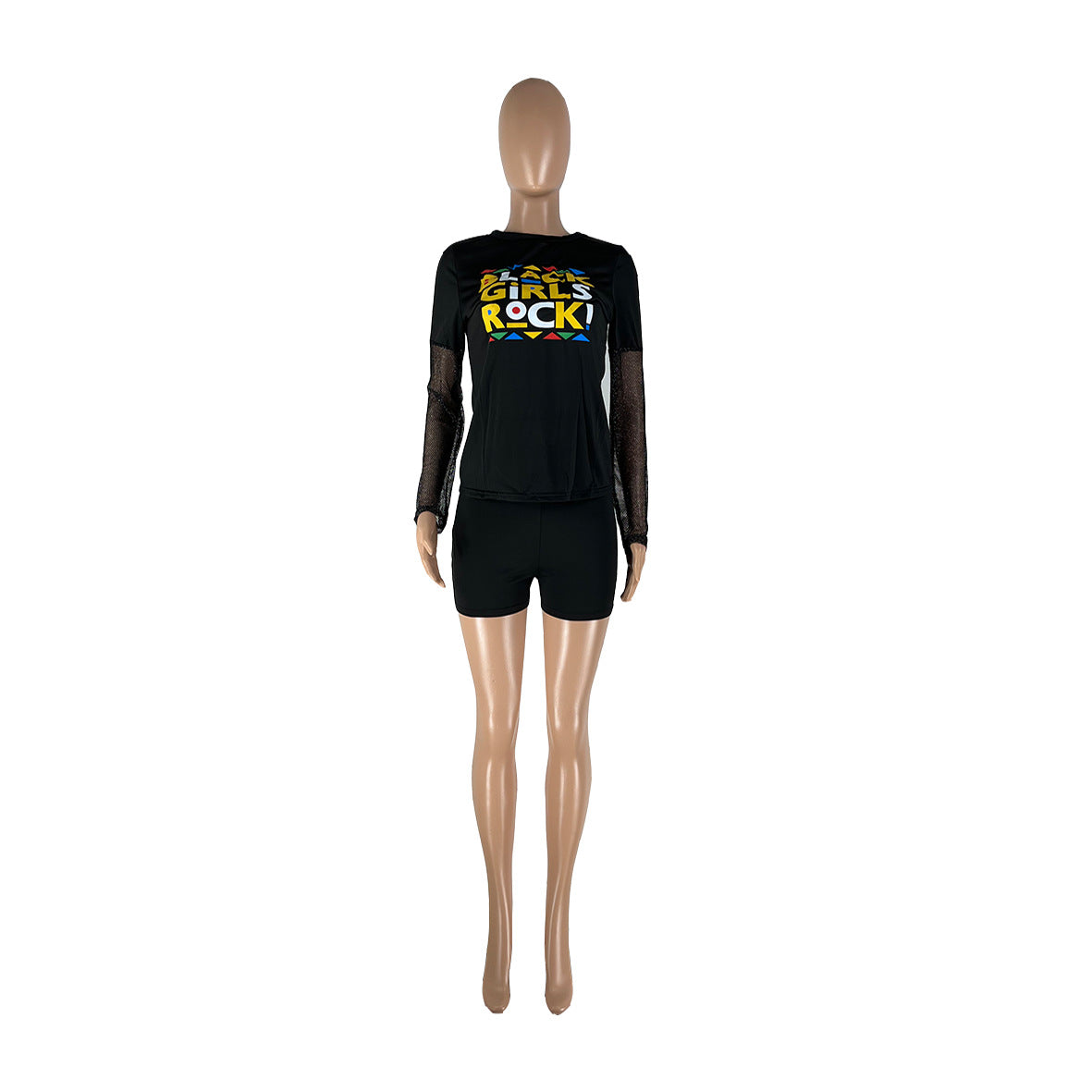 Sexy Mesh Sleeve Patchwork Print T Shirt Two Piece Short Set