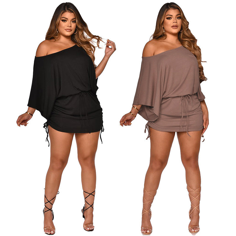 Sexy Solid Color Wrinkled Bat Sleeve Mini Dress