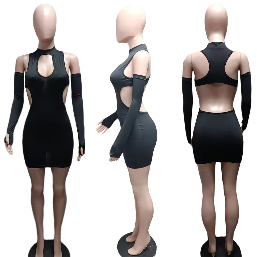 Sexy Black Sexy Hollow Out Backless Mini Dress With Sleeves