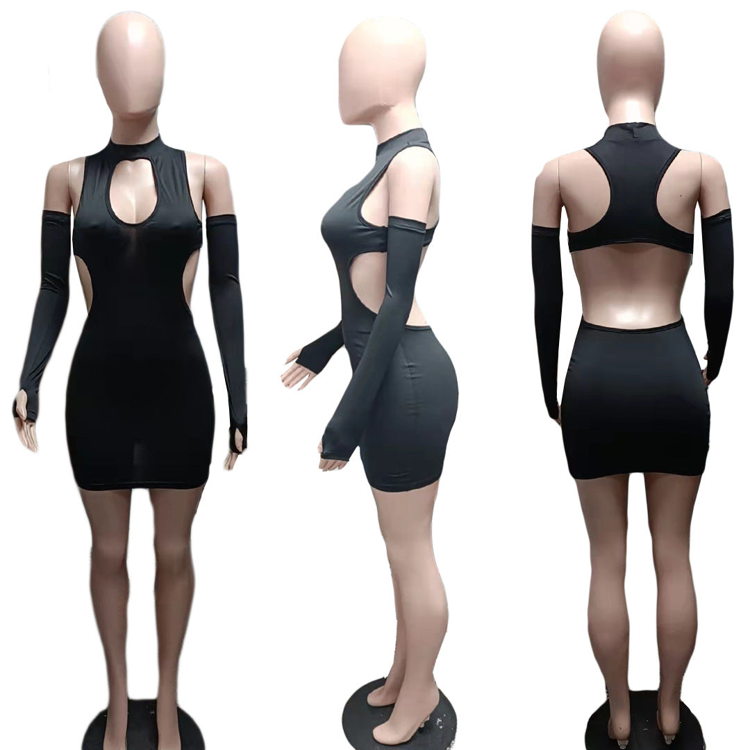 Sexy Black Sexy Hollow Out Backless Mini Dress With Sleeves