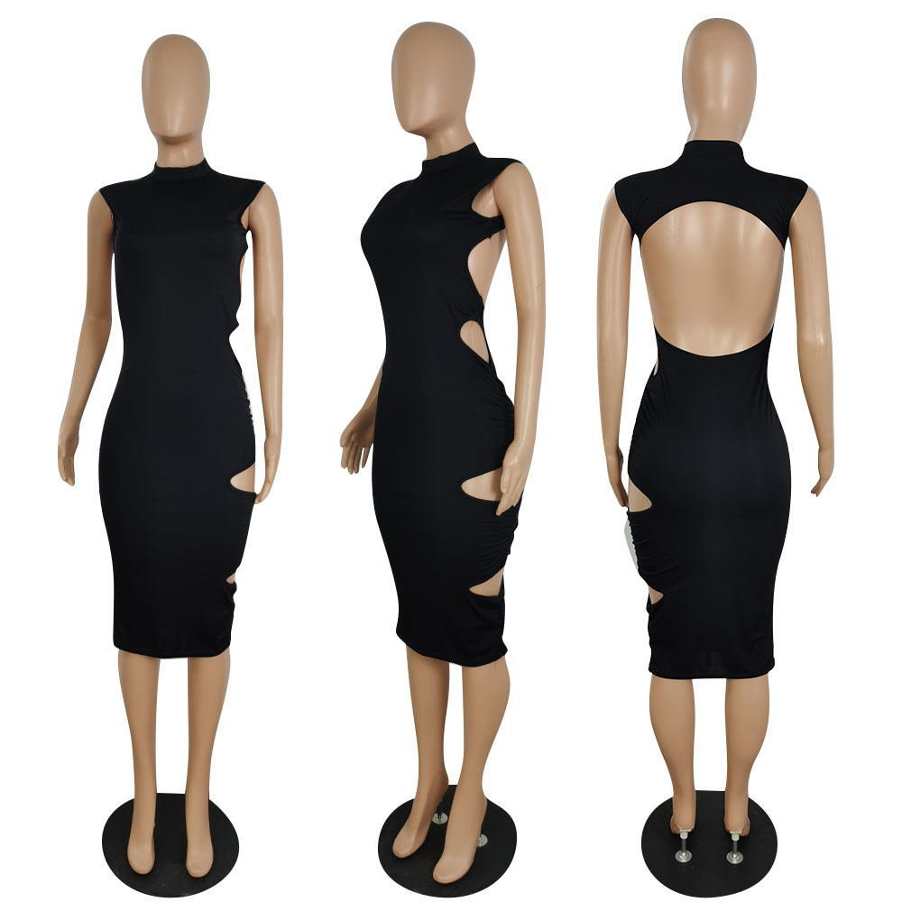 Sexy Solid Sleeveless Backless Hollow Midi Dress