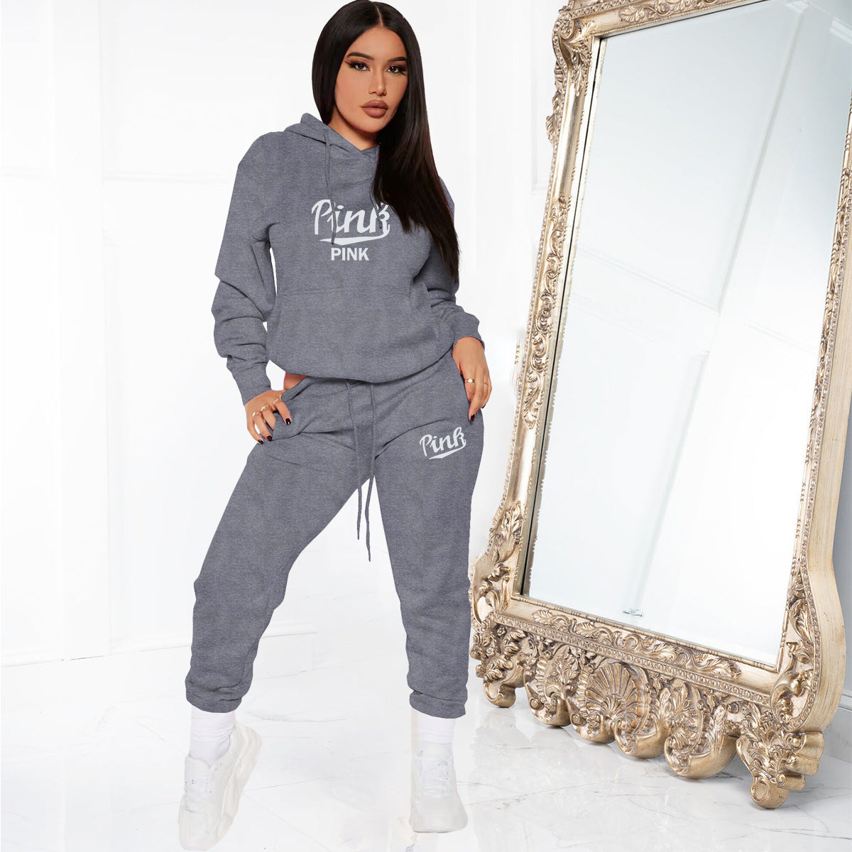 Sexy PINK Letter Print Plush Hooded Sweatshirt Two Piece Pant Set