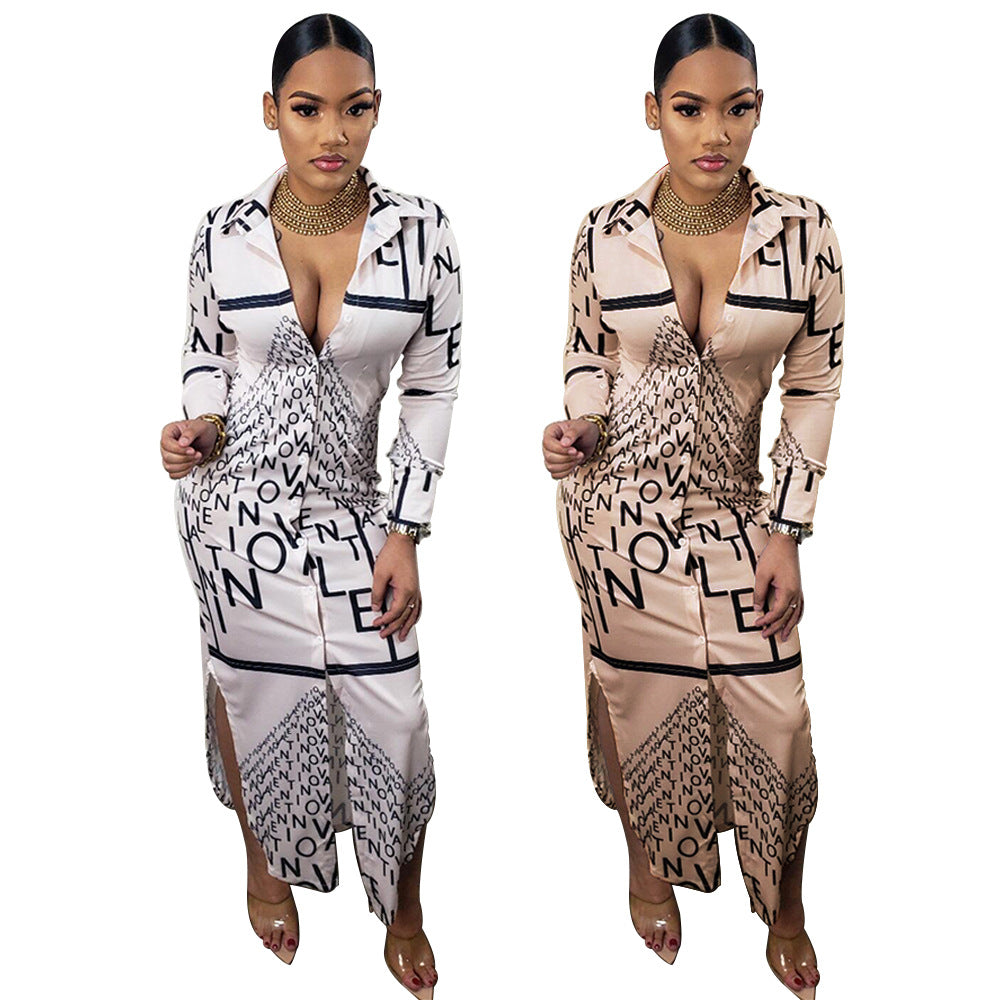 Sexy Letter Print Lapel Long Sleeve Shirt Dress