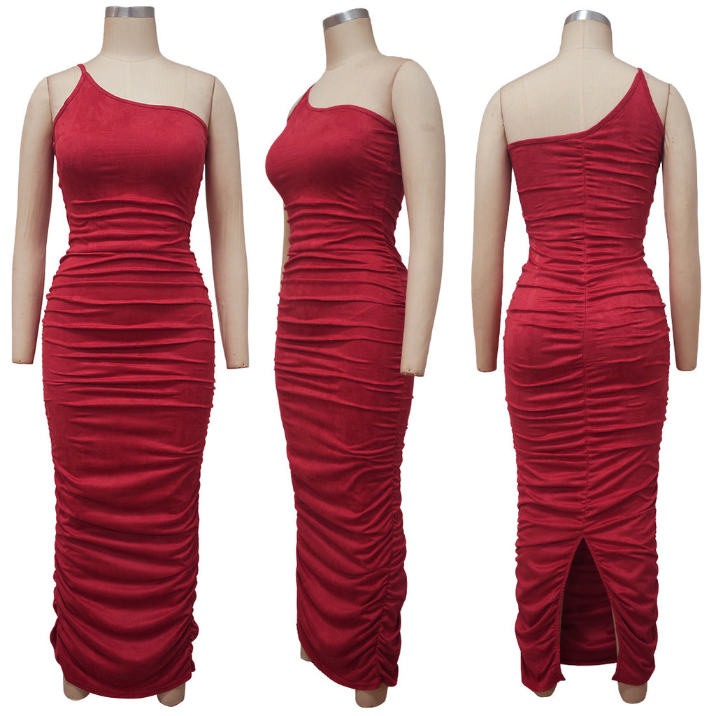 Sexy One-Shoulder Sling Solid Ruched Maxi Dress