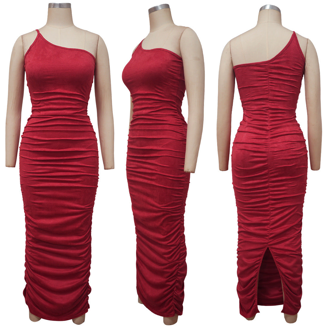 Sexy One-Shoulder Sling Solid Ruched Maxi Dress