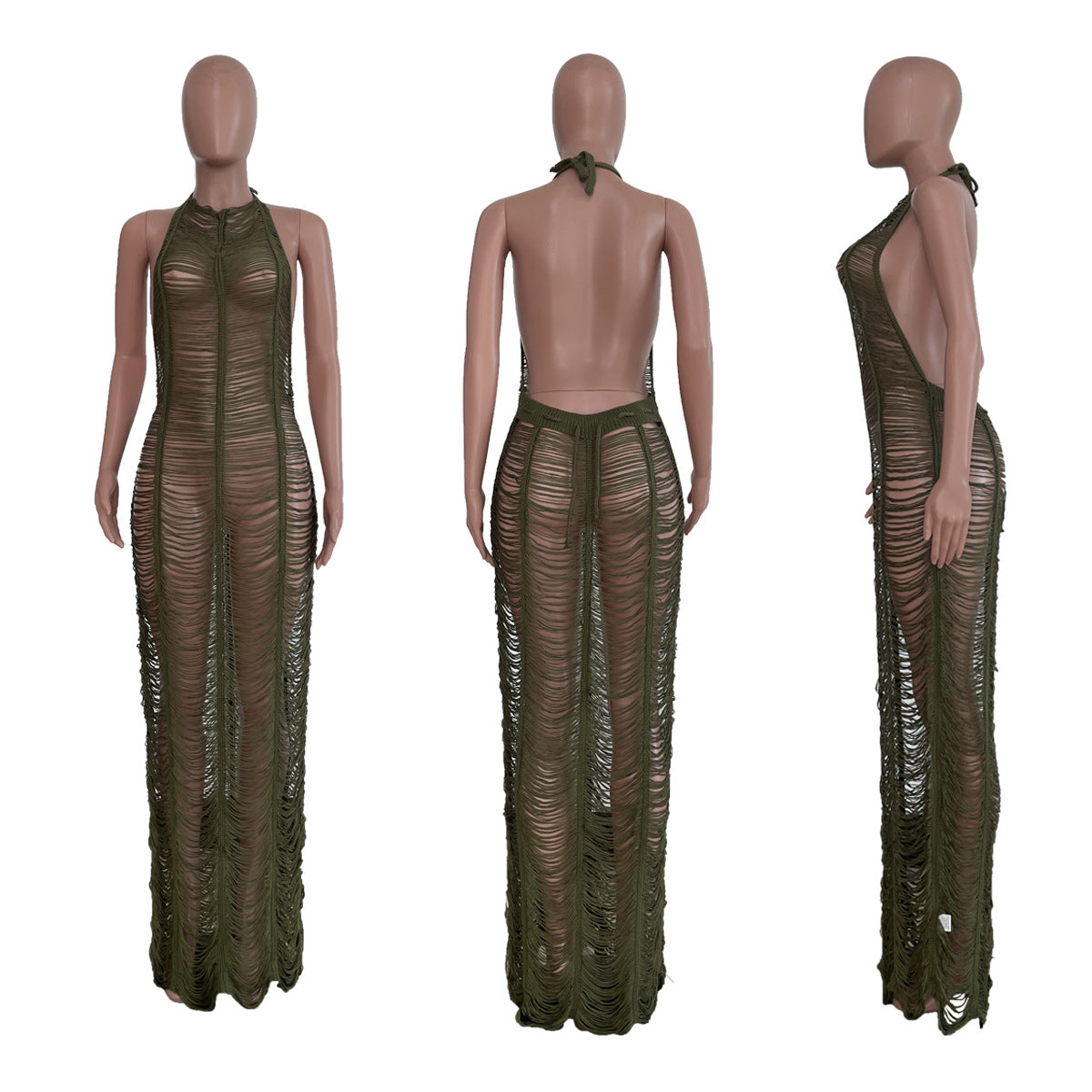 Sexy Solid Knitted Halter Hollow Out Maxi Dress