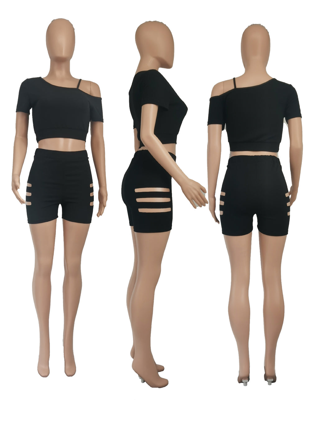 Sexy Solid Off Shoulder Hollow Out Two Piece Shorts Set
