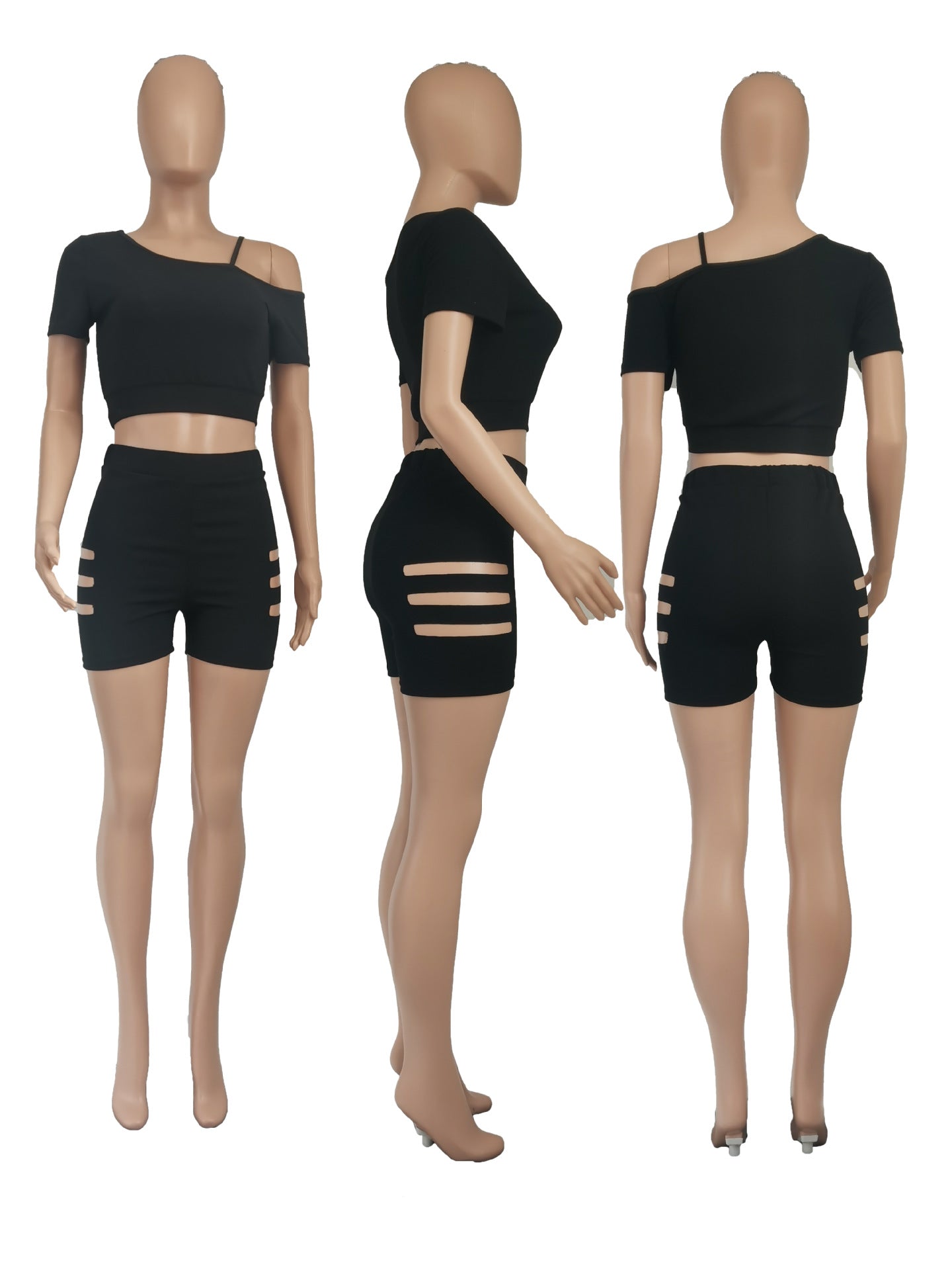 Sexy Solid Off Shoulder Hollow Out Two Piece Shorts Set