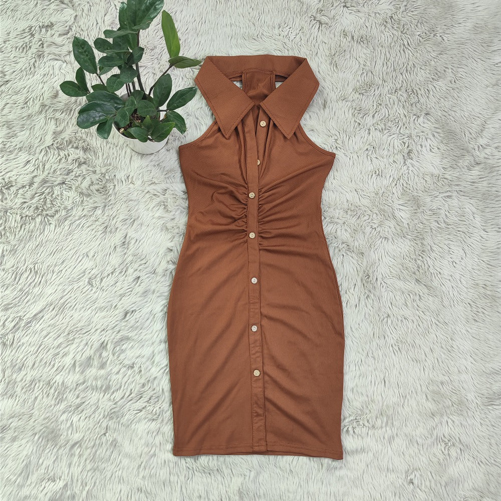 Sexy Solid Sleeveless Turndown Collar Slim Mini Dress