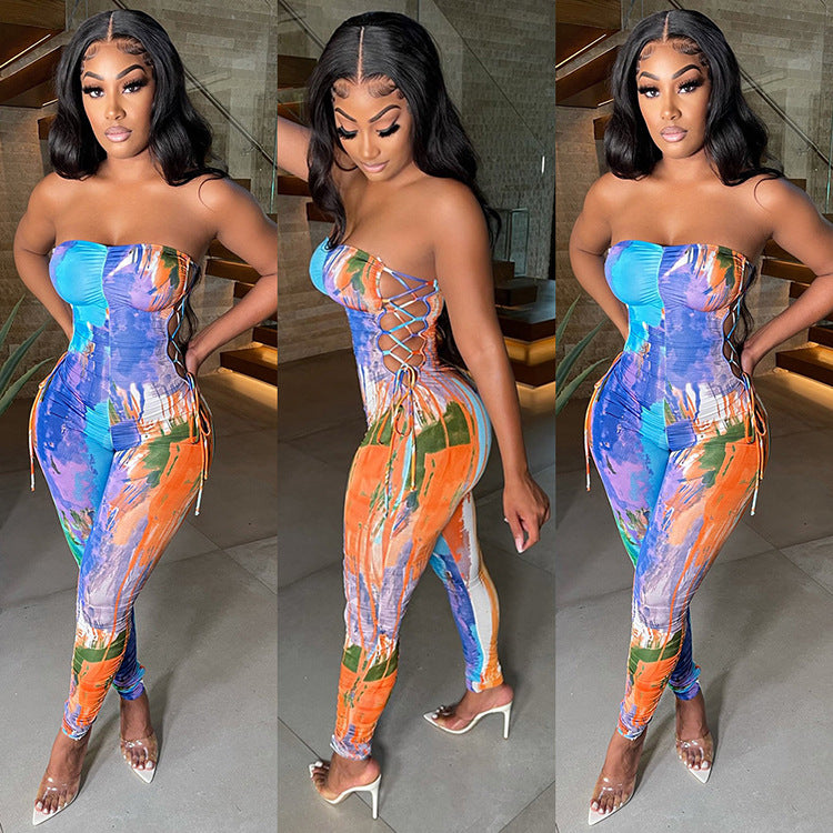 Sexy Sexy Printed Off Shoulder Strapless Lace-Up Jumpsuit