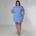 Sexy Plus Size Solid Ruffled Cold Shoulder Mini Dress