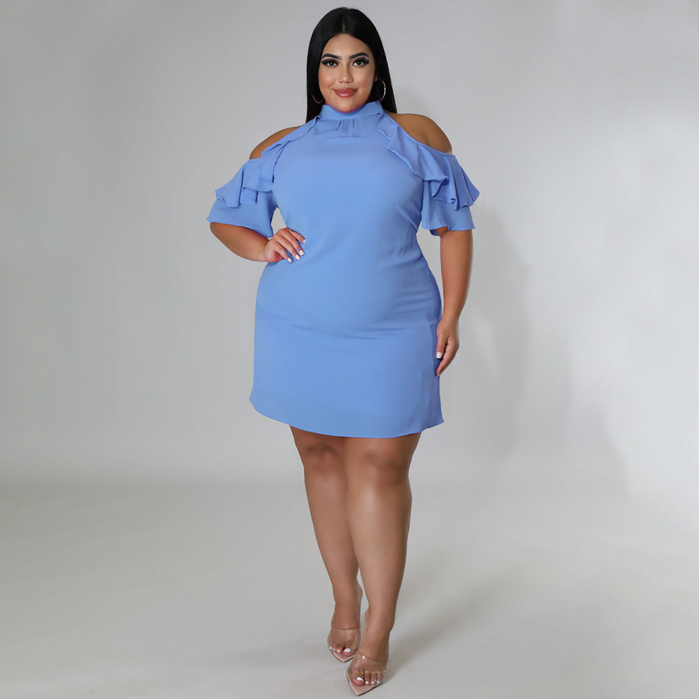 Sexy Plus Size Solid Ruffled Cold Shoulder Mini Dress