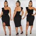Sexy Solid One Shoulder Ruffled Split Midi Dress