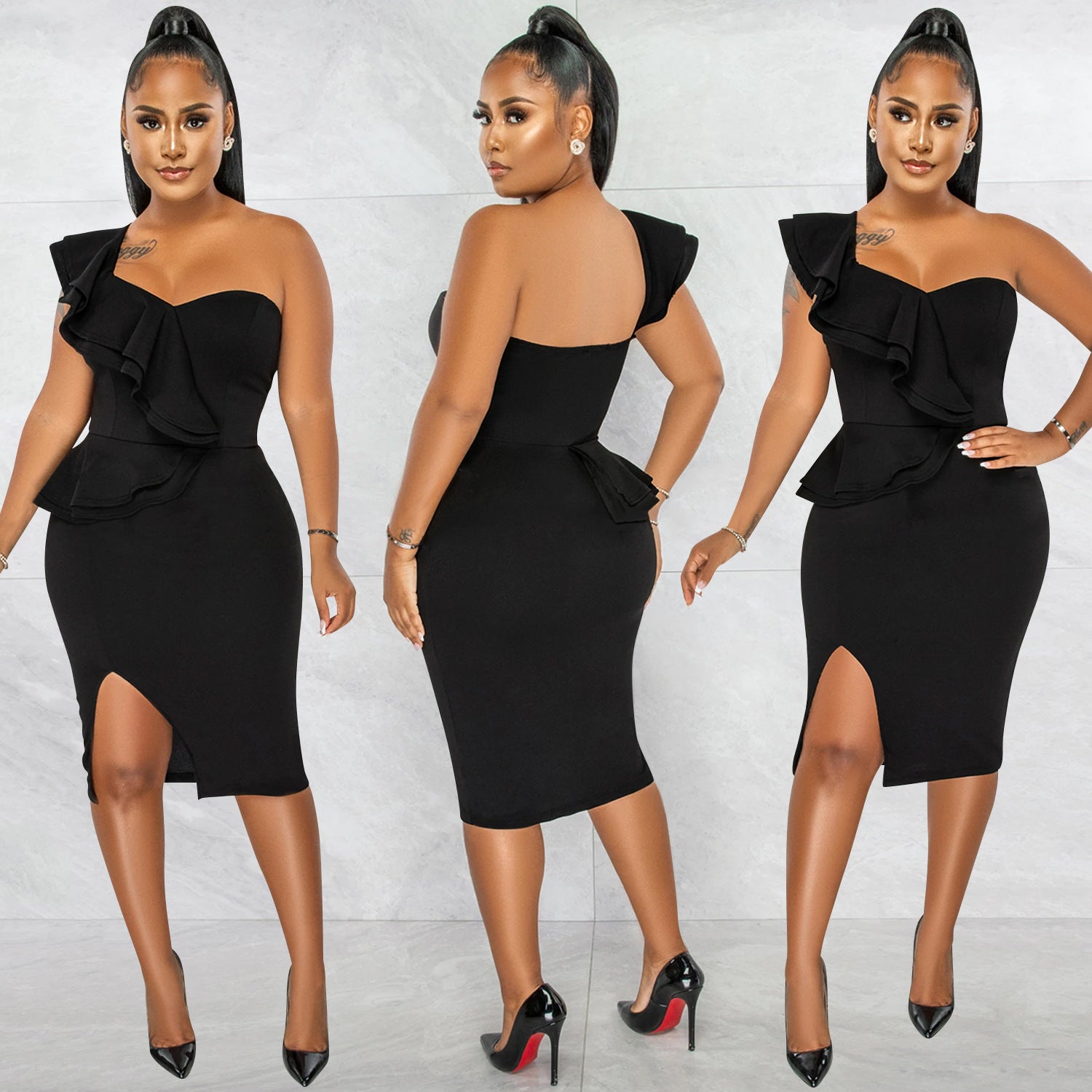 Sexy Solid One Shoulder Ruffled Split Midi Dress