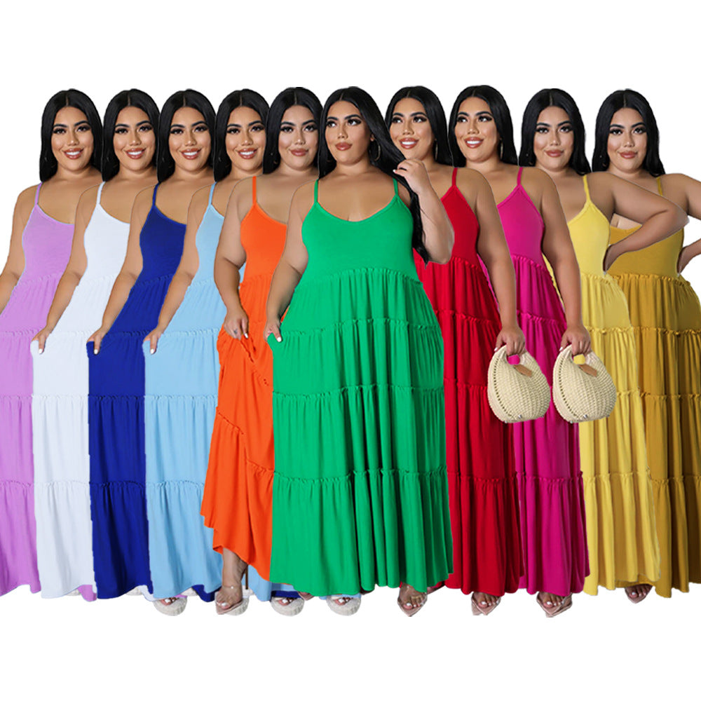 Sexy Plus Size Solid High Waist Sling Maxi Dress